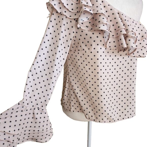 Lovers + Friends S Maya Top Ivory Star Polka Dot Ruffle One Shoulder Blouse NWT - Picture 7 of 11